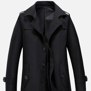 Black Preppy Mens Slant Pockets Button Up Trench Coat